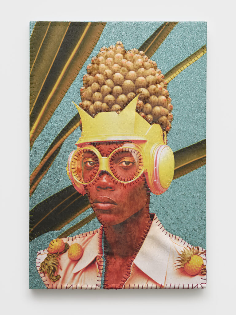 This image depicts an artwork by April Bey titled "I'm Not Looking for Trouble but I can Sure Handle it." This artwork was created in 2025 and measures 36" x 24" [HxW] (91.44 x 60.96 cm). Its medium is Leather, crushed velvet, brocade fabric with metallic thread.