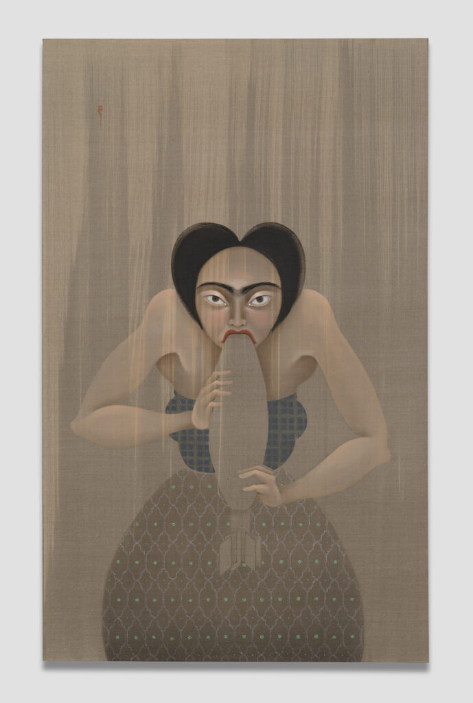 This image depicts an artwork by Hayv Kahraman titled "Say Aah." This artwork was created in 2021 and measures 68" x 42" [HxW] (172.72 x 106.68 cm). Its medium is Oil on linen.