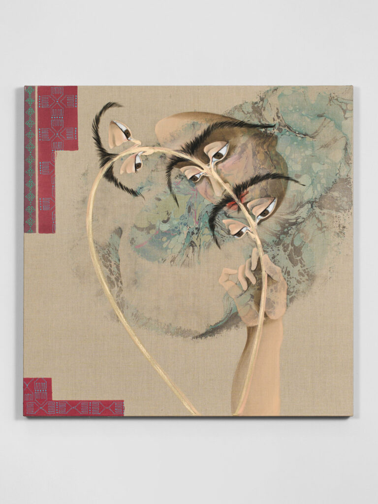 This image depicts an artwork by Hayv Kahraman titled "Look me in the eyes no. 1." This artwork was created in 2023 and measures 37" x 37" [HxW] (93.98 x 93.98 cm). Its medium is Oil and acrylic on linen.