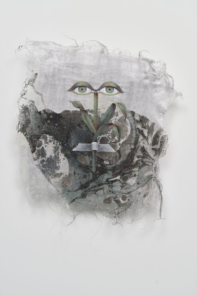 This image depicts an artwork by Hayv Kahraman titled "3eoon." This artwork was created in 2024 and measures 13" x 13" [HxW] (33.02 x 33.02 cm). Its medium is Watercolor and gouache on flax fiber.