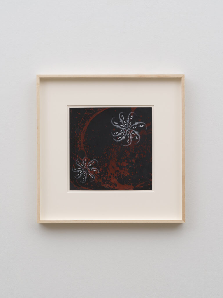 This image depicts an artwork by Hayv Kahraman titled "Eyebrow fractals." This artwork was created in 2024 and measures 10" x 10" [HxW] (25.4 x 25.4 cm)17 ³⁄₄" x 17 ³⁄₄" x 1 ¹⁄₂" [HxWxD] (45.08 x 45.08 x 3.81 cm) framed. Its medium is Acrylic and watercolor on paper.