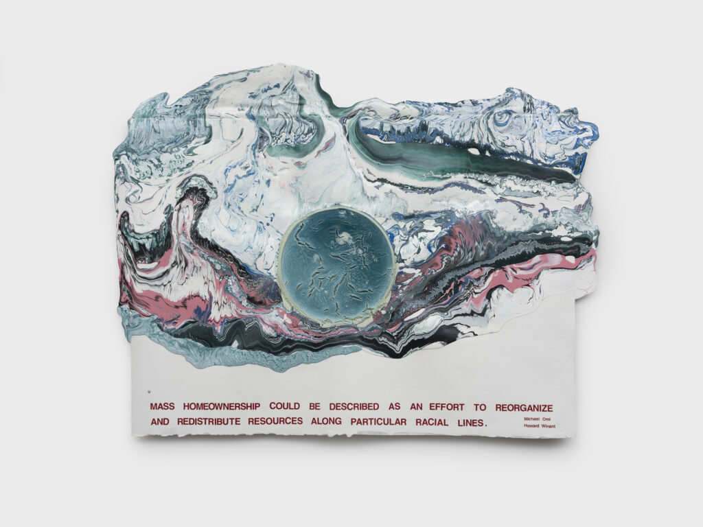 This image depicts an artwork by Rodney McMillian titled "Mass Homeownership." This artwork was created in 2025 and measures 38" x 29 ¹⁄₂" [HxW] (96.52 x 74.93 cm). Its medium is Latex and vinyl on paper.