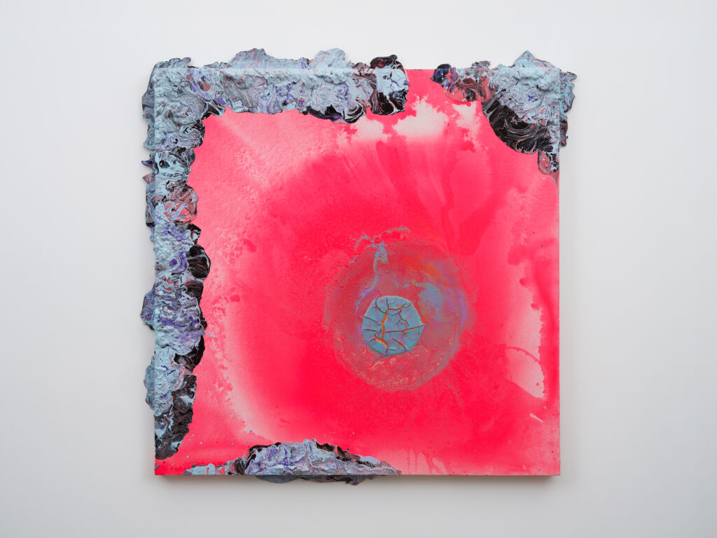 This image depicts an artwork by Rodney McMillian titled "Solar eclipse." This artwork was created in 2024 - 2025 and measures 61 ¹⁄₂" x 61 ¹⁄₂" x 3 ¹⁄₂" [HxWxD] (156.21 x 156.21 x 8.89 cm). Its medium is Acrylic, latex, and ink on canvas.