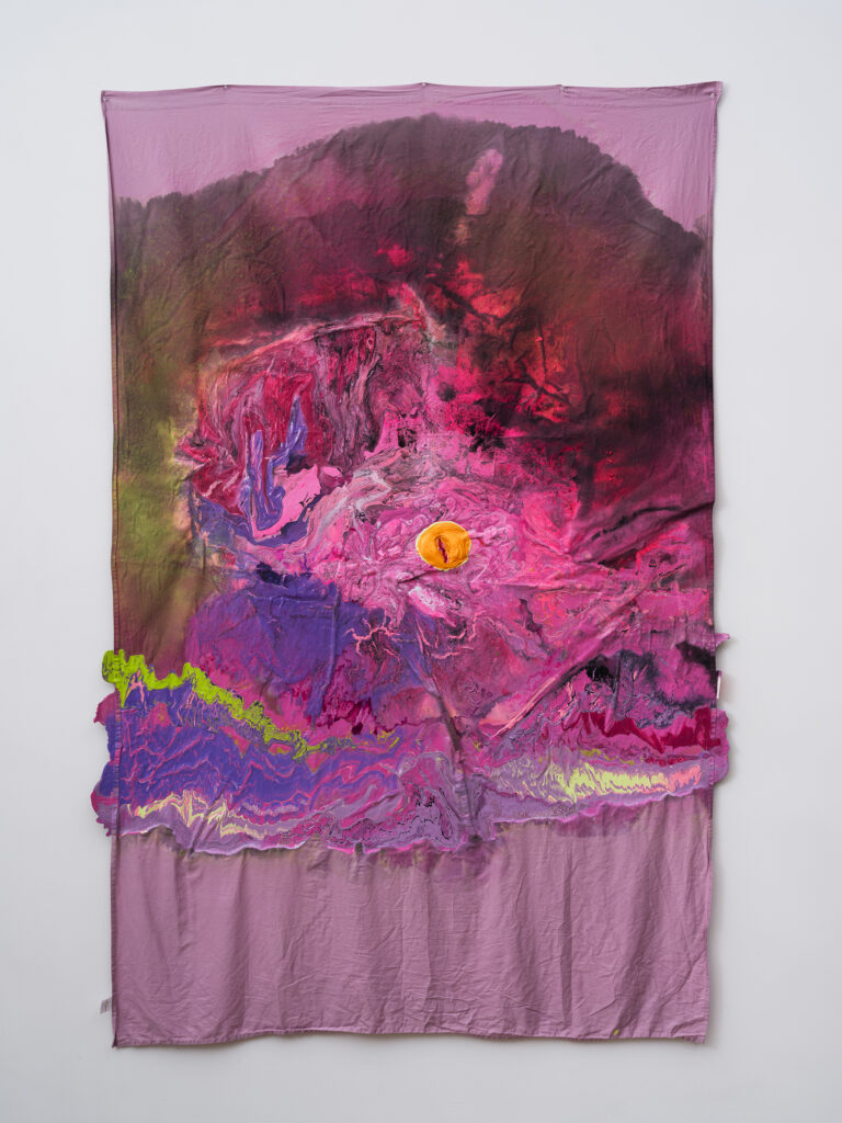 This image depicts an artwork by Rodney McMillian titled "Untitled (where the sun shines)." This artwork was created in 2024 -2025 and measures 95" x 63 ¹⁄₂" [HxW] (241.3 x 161.29 cm). Its medium is Acrylic, latex, and ink on bed sheet.