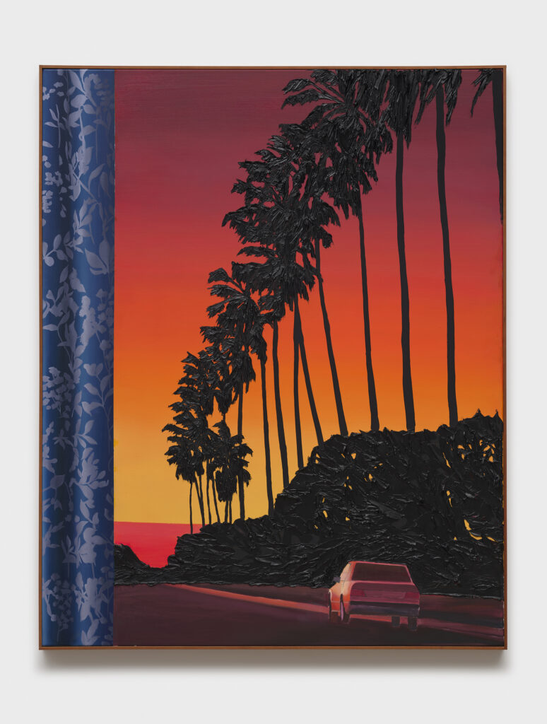 This image depicts an artwork by Alec Egan titled "Dusk Car." This artwork was created in 2026 and measures 60" x 48" [HxW] (152.4 x 121.92 cm)60 ⁷⁄₈" x 48 ⁵⁄₈" x 2 ⁵⁄₈" [HxWxD] (154.62 x 123.5 x 6.66 cm) framed. Its medium is Oil on canvas.