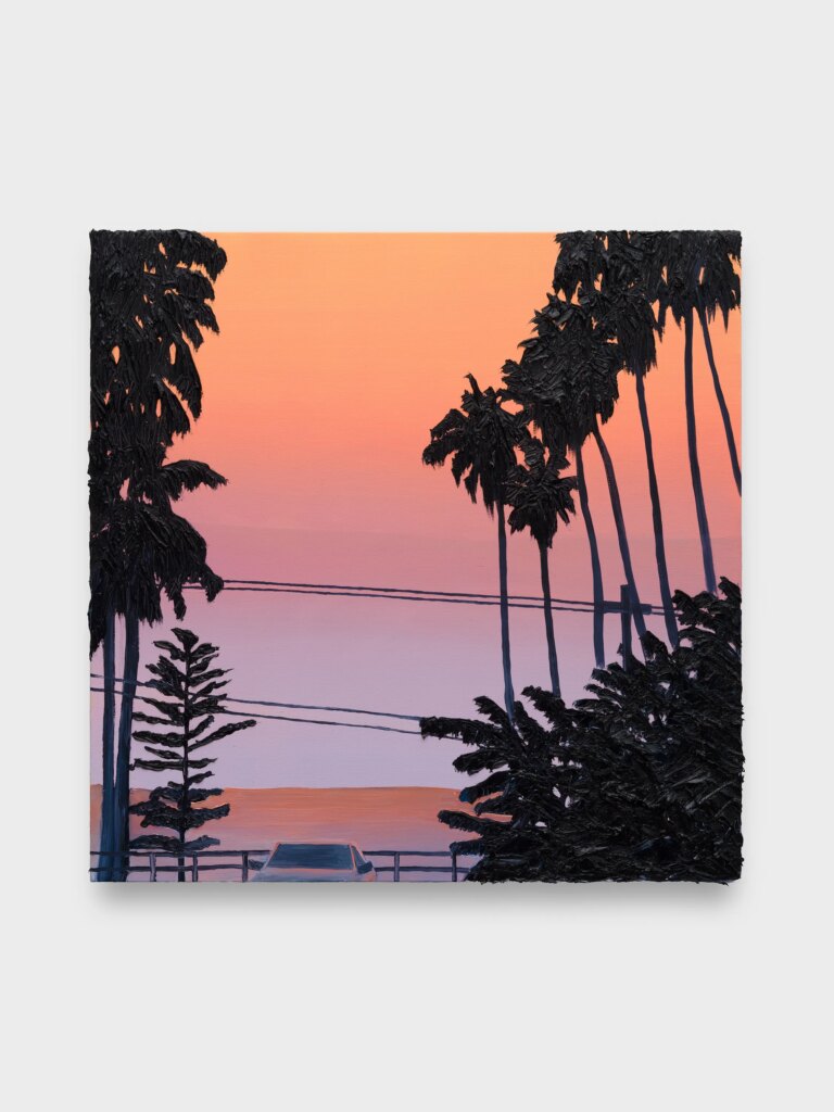 This image depicts an artwork by Alec Egan titled "Sunset Car." This artwork was created in 2026 and measures 36" x 36" x 1 ¹⁄₂" [HxWxD] (91.44 x 91.44 x 3.81 cm). Its medium is Oil on canvas.