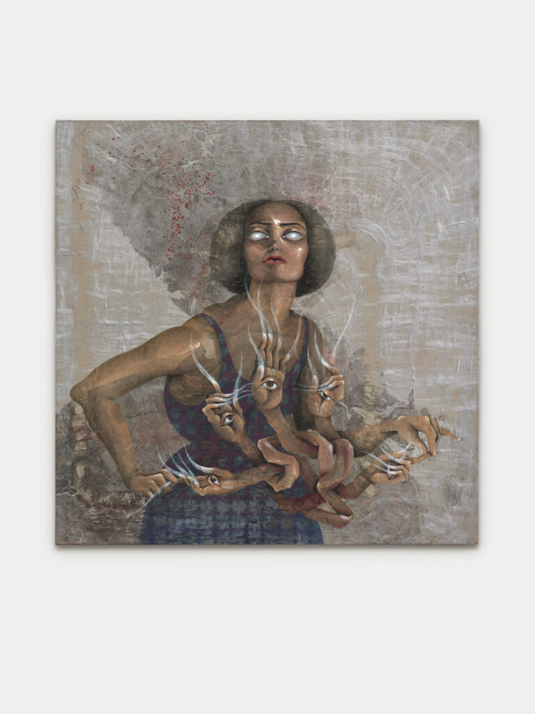 This image depicts an artwork by Hayv Kahraman titled "Holding five hands." This artwork was created in 2025-2026 and measures 50" x 50" x 1 ¹⁄₂" [HxWxD] (127 x 127 x 3.81 cm). Its medium is Oil and acrylic on linen.