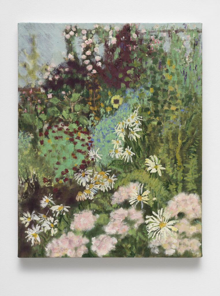 This image depicts an artwork by Shanna Waddell titled "Sheness Paints their Summer Garden." This artwork was created in 2025 and measures 18" x 14" [HxW] (45.72 x 35.56 cm). Its medium is Oil on linen.