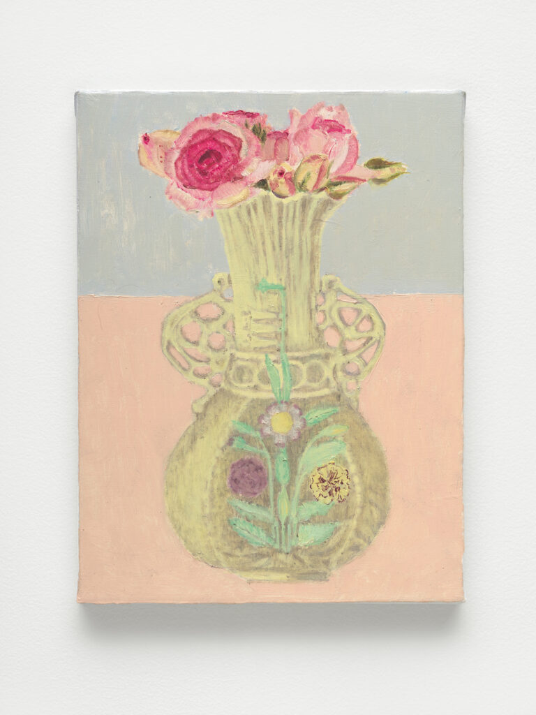 This image depicts an artwork by Shanna Waddell titled "Sheness Paints Flowers in a Vase." This artwork was created in 2025 and measures 12" x 9" [HxW] (30.48 x 22.86 cm). Its medium is Oil on linen.