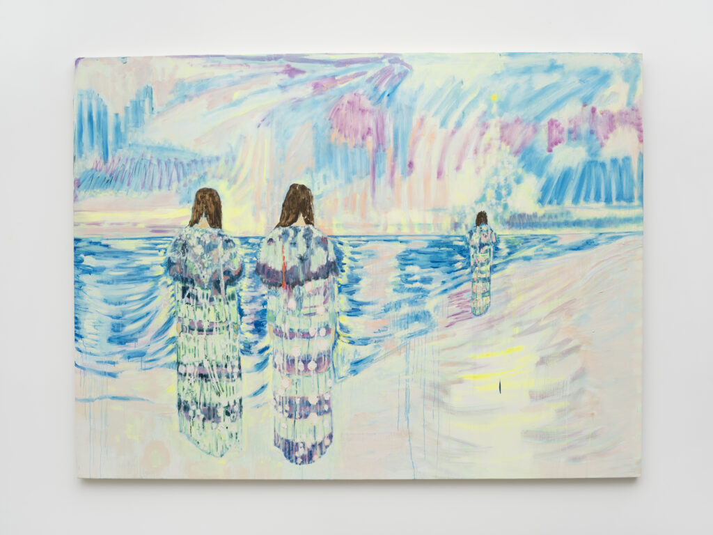 This image depicts an artwork by Shanna Waddell titled "where s/heness society lives VI." This artwork was created in 2023 and measures 67 ¹⁄₈" x 90 ¹⁄₈" x 1 ¹⁄₂" [HxWxD] (170.49 x 228.91 x 3.81 cm). Its medium is Oil on canvas.