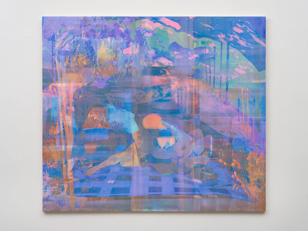 This image depicts an artwork by Zoe Walsh titled "Blueing." This artwork was created in 2026 and measures 72" x 82 ¹⁄₂" x 1 ³⁄₈" [HxWxD] (182.88 x 209.55 x 3.51 cm). Its medium is Acrylic and watercolor pencil on canvas-wrapped panel.