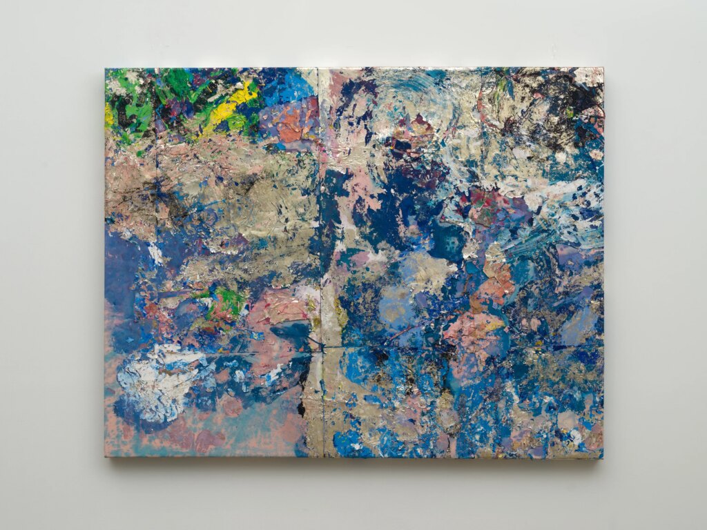 This image depicts an artwork by Edgar Arceneaux titled "Skinning the Mirror (The Summer Before 2025)." This artwork was created in 2025 and measures 72" x 92" x 3 ³⁄₄" [HxWxD] (182.88 x 233.68 x 9.52 cm). Its medium is Silver nitrate, glass, acrylic paint on canvas.