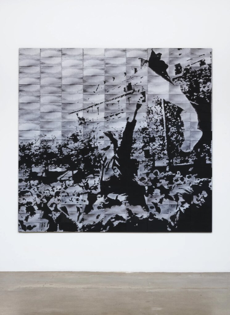 This image depicts an artwork by Mary Kelly titled "Circa 1968." This artwork was created in 2004 and measures 100" x 105" x 1 ¹⁄₂" [HxWxD] (254 x 266.7 x 3.81 cm). Its medium is Compressed lint and projected light noise.