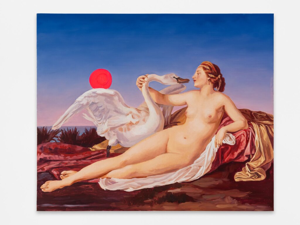 This image depicts an artwork by Whitney Bedford titled "Leda and the Swan (Pink Sun)." This artwork was created in 2025 and measures 25" x 30" x 2" [HxWxD] (63.5 x 76.2 x 5.08 cm). Its medium is Ink and oil on nylinen on panel.