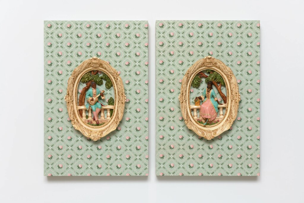 This image depicts an artwork by Genevieve Gaignard titled "Can I Call You Rose? (Cuz Your Fragrance Takes Over the Room)." This artwork was created in 2022 and measures Diptych; 36" x 24" x 3" [HxWxD] (91.44 x 60.96 x 7.62 cm) each. Its medium is Mixed media on panels.