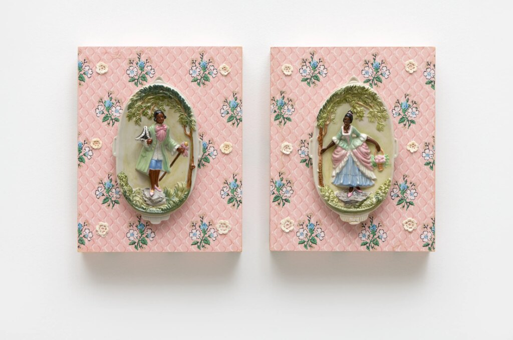 This image depicts an artwork by Genevieve Gaignard titled "The Closer I Get To You: Amy & Kevin." This artwork was created in 2022 and measures Diptych; 10" x 8" x 2" [HxWxD] (25.4 x 20.32 x 5.08 cm) each. Its medium is Mixed media on panels.