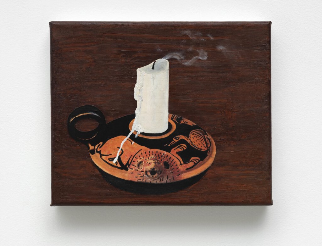 This image depicts an artwork by Kiriakos Tompolidis titled "Softly Gone." This artwork was created in 2025 and measures 11 ⁷⁄₈" x 9 ⁷⁄₈" x 1 ¹⁹⁄₃₂" [HxWxD] (30.18 x 25.1 x 4.04 cm). Its medium is Oil and photo transfer on linen.