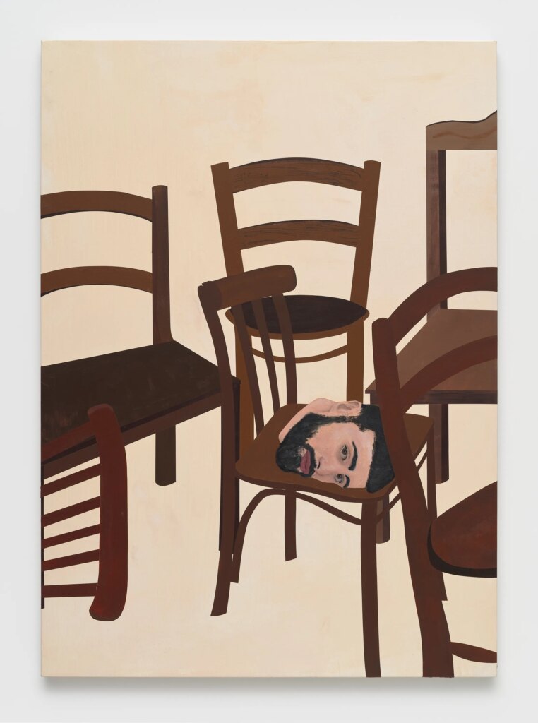 This image depicts an artwork by Kiriakos Tompolidis titled "Between chairs." This artwork was created in 2025 and measures 140 x 100 x 1.625 cm [HxWxD] (55 ¹⁄₈" x 39 ³⁄₈" x ⁵⁄₈"). Its medium is Oil, acrylic and photo transfer on linen.