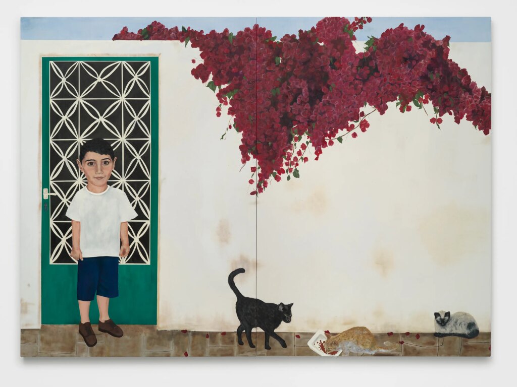 This image depicts an artwork by Kiriakos Tompolidis titled "Under the Bougainvillea." This artwork was created in 2025 and measures Overall: 82 ¹¹⁄₁₆" x 114 ³⁄₁₆" x 1 ⁵⁄₈" [HxWxD] (210 x 290.01 x 4.12 cm)82 ¹¹⁄₁₆" x 57 ³⁄₃₂" x 1 ⁵⁄₈" [HxWxD] (210 x 145 x 4.12 cm). Its medium is Oil, photo transfer and Bougainvillea leaves from greece on canvas.