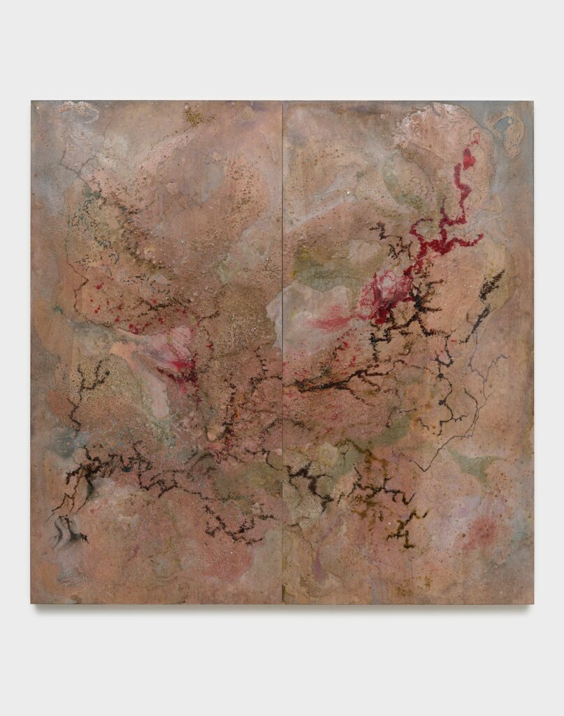 This image depicts an artwork by Tonia Calderon titled "She turned the last page. And once again, she started over.." This artwork was created in 2025 and measures 96" x 96" x 2 ¹⁄₂" [HxWxD] (243.84 x 243.84 x 6.35 cm). Its medium is Oil, Flower Pigment, Fuel, Sand, Glass and Resin on Birch Panel.