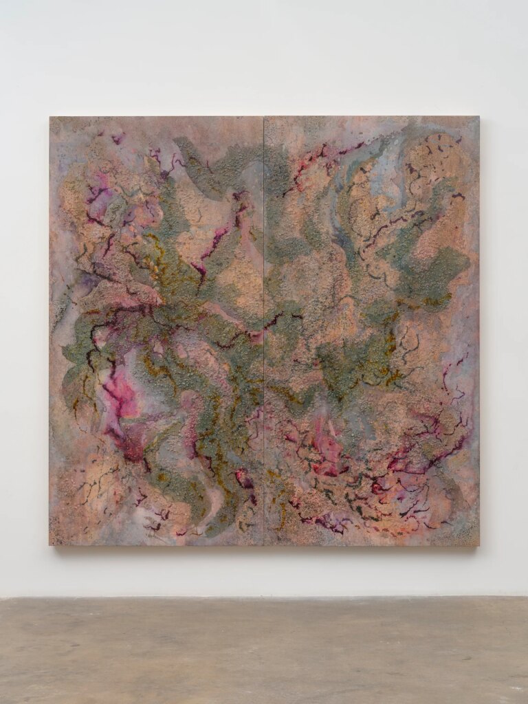 This image depicts an artwork by Tonia Calderon titled "Such evils belong in history. Yet here we are.." This artwork was created in 2025 and measures 96" x 96" [HxW] (243.84 x 243.84 cm). Its medium is Oil, Flower Pigment, Fuel, Sand, Glass and Resin on Birch Panel.