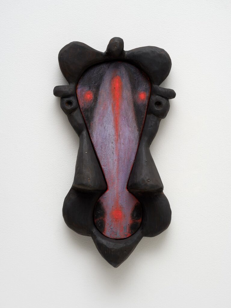 This image depicts an artwork by Ever Baldwin titled "!!." This artwork was created in 2023 and measures 20" x 11" x 4" [HxWxD] (50.8 x 27.94 x 10.16 cm). Its medium is Oil on canvas in charred wood frame.