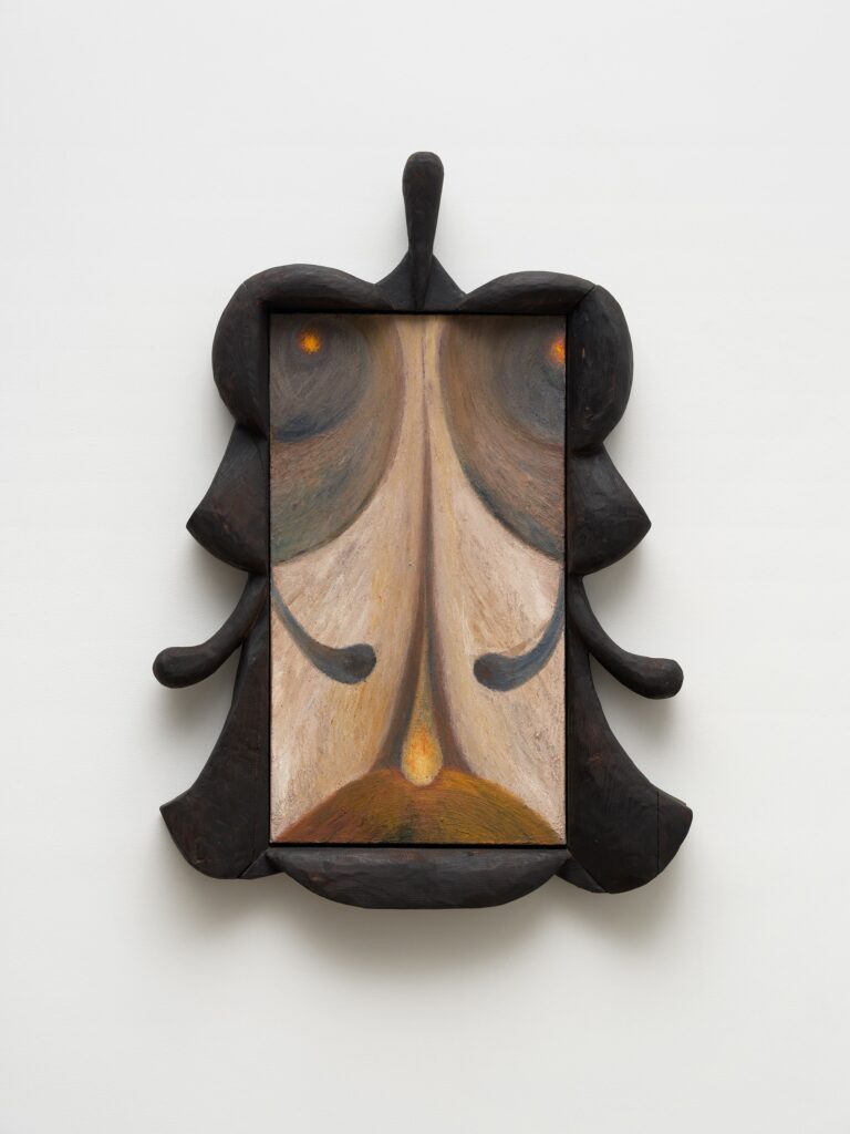 This image depicts an artwork by Ever Baldwin titled "Say Less." This artwork was created in 2023 and measures 51" x 36" x 4" [HxWxD] (129.54 x 91.44 x 10.16 cm). Its medium is Oil on canvas in charred wood frame.