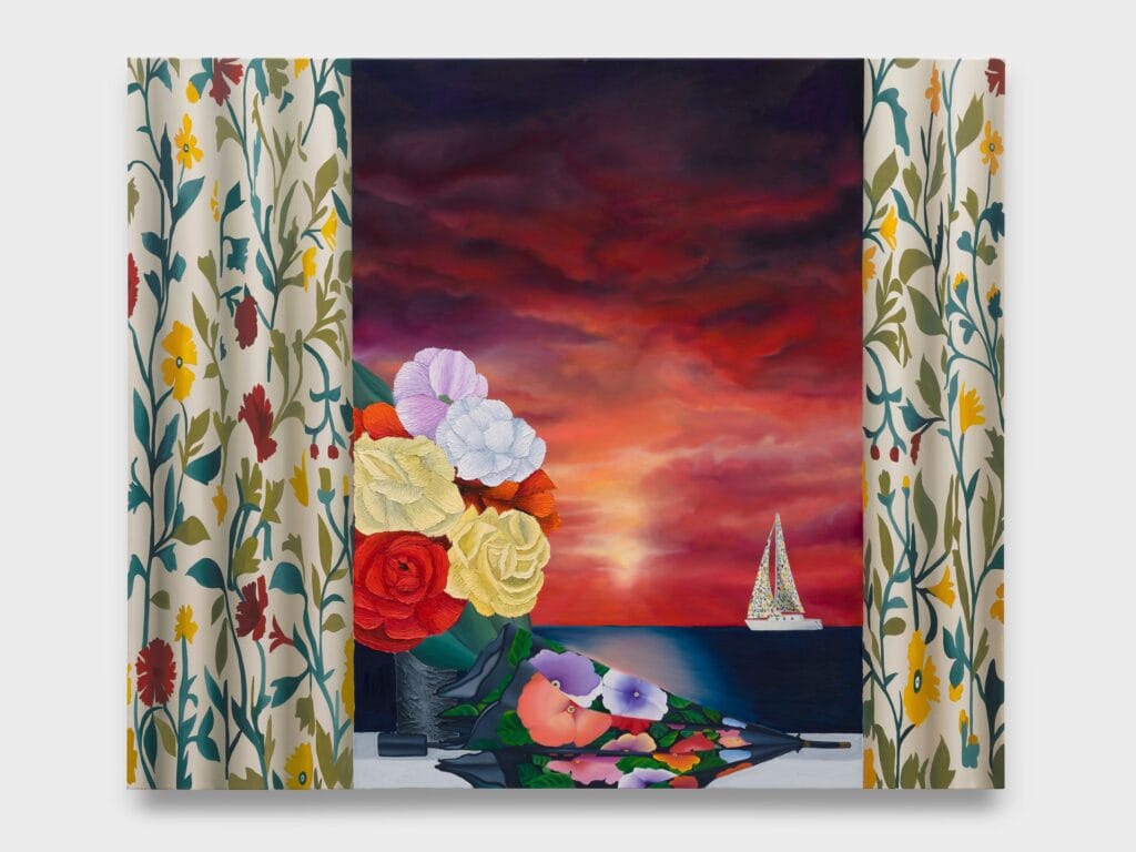 This image depicts an artwork by Alec Egan titled "Flowers, Umbrella and Boat." This artwork was created in 2026 and measures 60" x 72" [HxW] (152.4 x 182.88 cm). Its medium is Oil on canvas.
