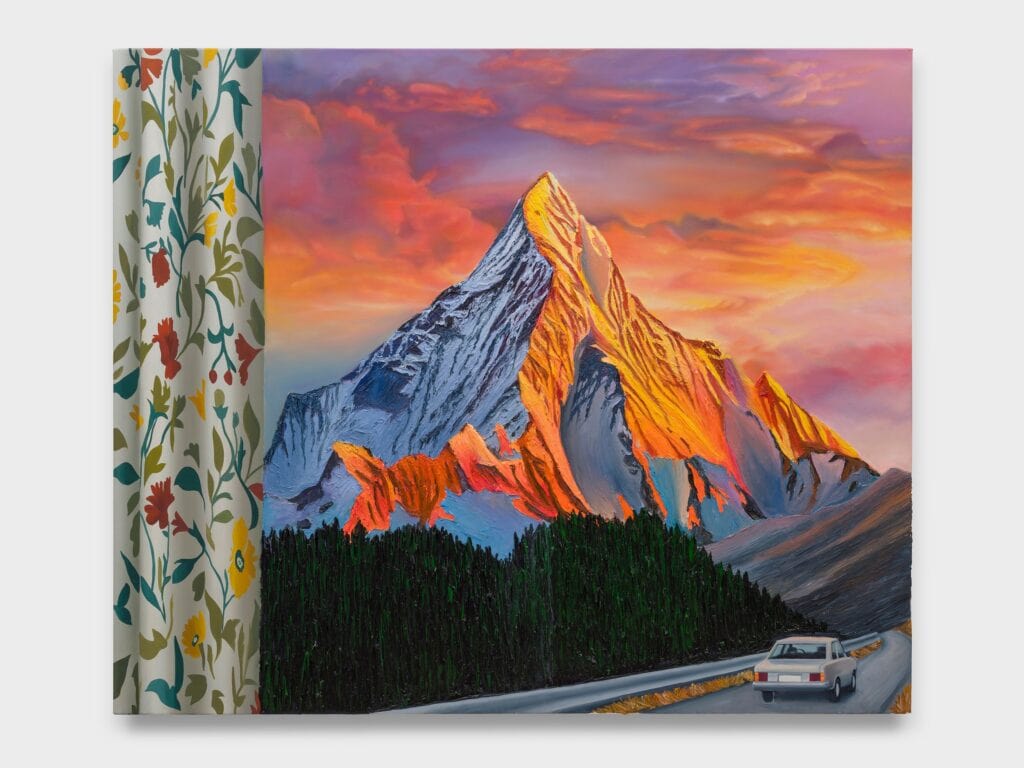 This image depicts an artwork by Alec Egan titled "Sunset Mountain." This artwork was created in 2026 and measures 60" x 72" [HxW] (152.4 x 182.88 cm). Its medium is Oil on canvas.