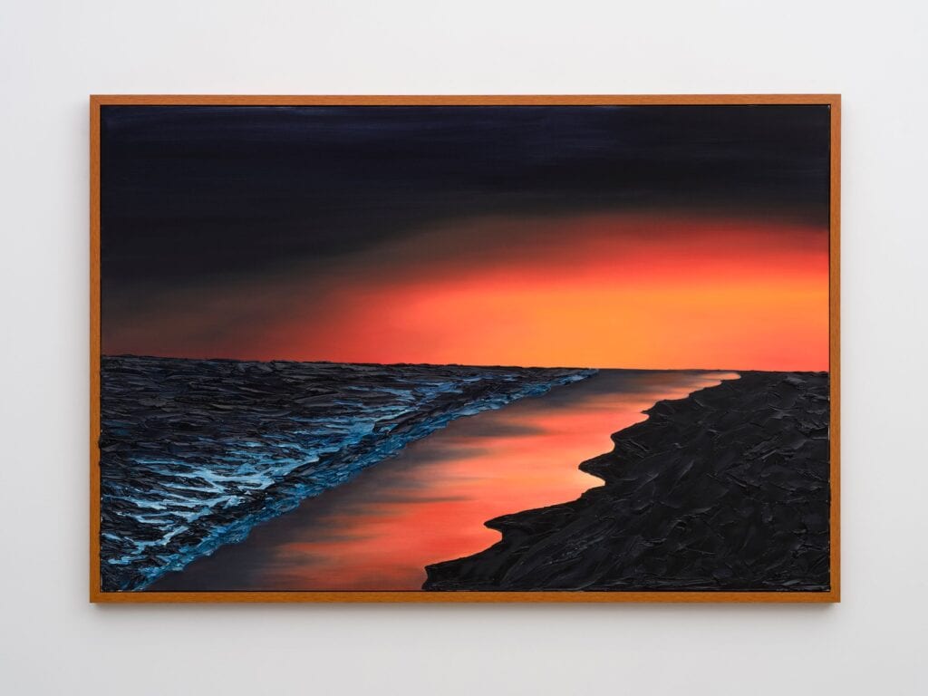 This image depicts an artwork by Alec Egan titled "Night Beach." This artwork was created in 2026 and measures 48" x 72" [HxW] (121.92 x 182.88 cm) 50 ¹⁄₄" x 74 ¹⁄₄" x 2 ¹⁄₄" [HxWxD] (127.63 x 188.59 x 5.71 cm) framed. Its medium is Oil on canvas.