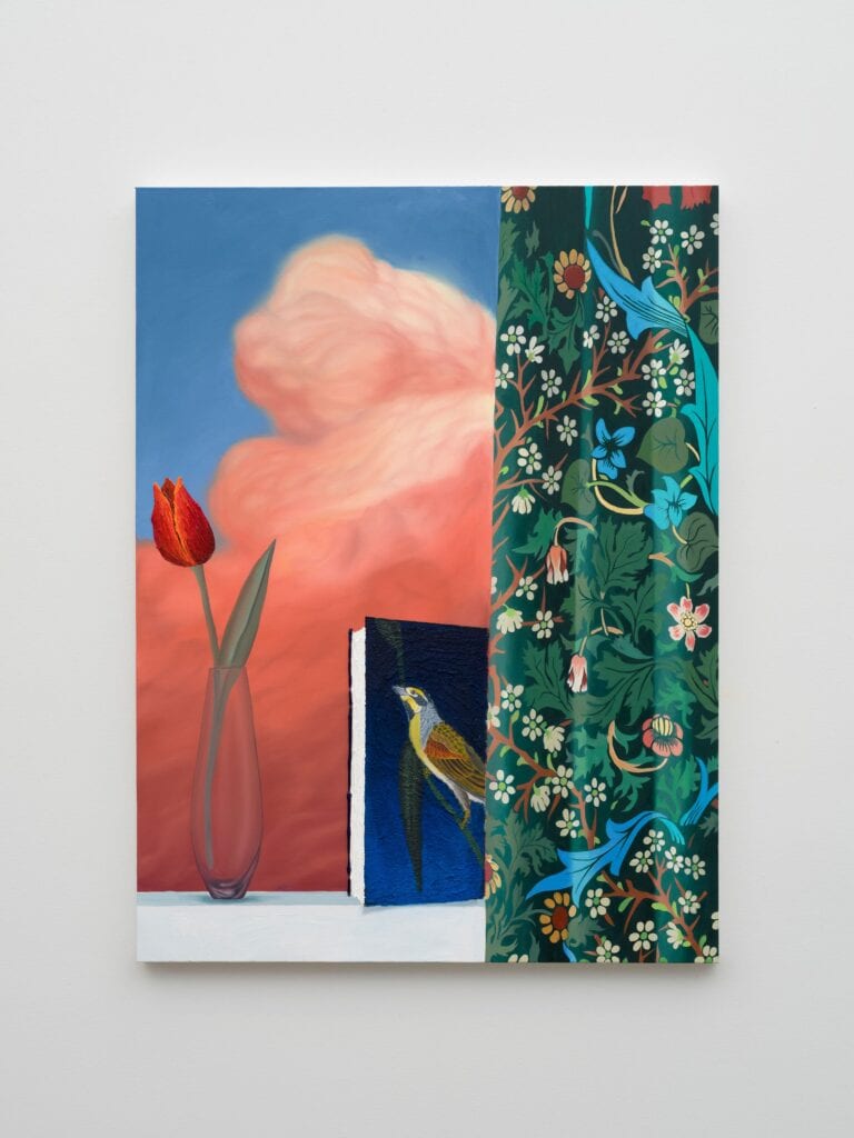 This image depicts an artwork by Alec Egan titled "Tulip and Book on Windowsill." This artwork was created in 2026 and measures 48" x 36" [HxW] (121.92 x 91.44 cm). Its medium is Oil on canvas.