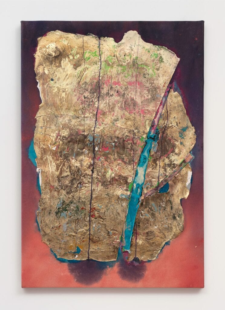 This image depicts an artwork by Edgar Arceneaux titled "We Are Gods 1." This artwork was created in 2026 and measures 32" x 22" x 1 ¹⁄₂" [HxWxD] (81.28 x 55.88 x 3.81 cm). Its medium is Silver nitrate, acrylic paint on canvas.