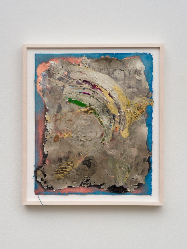 This image depicts an artwork by Edgar Arceneaux titled "Becoming Rainbows 3." This artwork was created in 2026 and measures 14" x 12" [HxW] (35.56 x 30.48 cm) 15 ¹³⁄₁₆" x 13 ³⁄₄" x 1 ¹⁄₄" [HxWxD] (40.16 x 34.92 x 3.17 cm) framed. Its medium is Silver nitrate, acrylic paint on canvas.