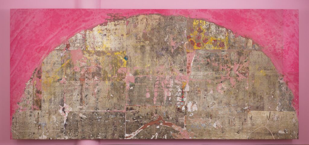This image depicts an artwork by Edgar Arceneaux titled "Half Light." This artwork was created in 2024-2026 and measures 128" x 283" [HxW] (325.12 x 718.82 cm). Its medium is Silver nitrate, acrylic paint on canvas.