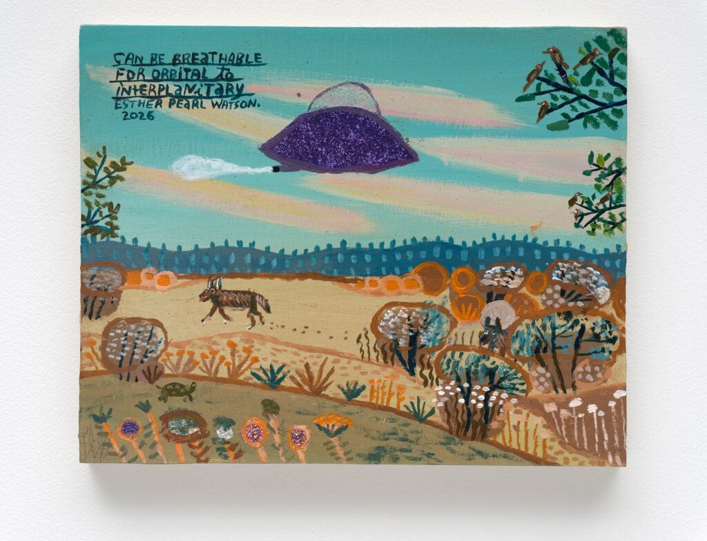 This image depicts an artwork by Esther Pearl Watson titled "Can Be Breathable For Orbital to Interplanitary." This artwork was created in 2026 and measures 8" x 10" x ⁷⁄₈" [HxWxD] (20.32 x 25.4 x 2.24 cm). Its medium is Acrylic and glitter on panel.