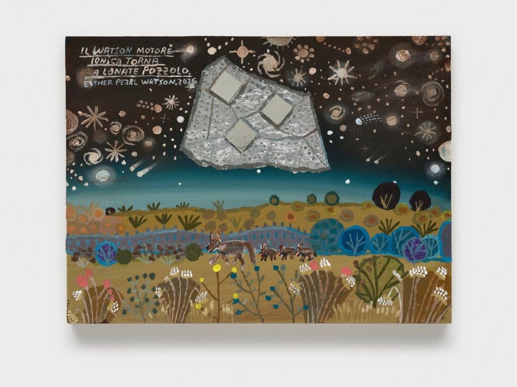 This image depicts an artwork by Esther Pearl Watson titled "Il Watson Motore Ionica Torna A Lonate Pozzolo." This artwork was created in 2026 and measures 9" x 12" x ⁷⁄₈" [HxWxD] (22.86 x 30.48 x 2.24 cm). Its medium is Acrylic, mirrors and foil on panel.