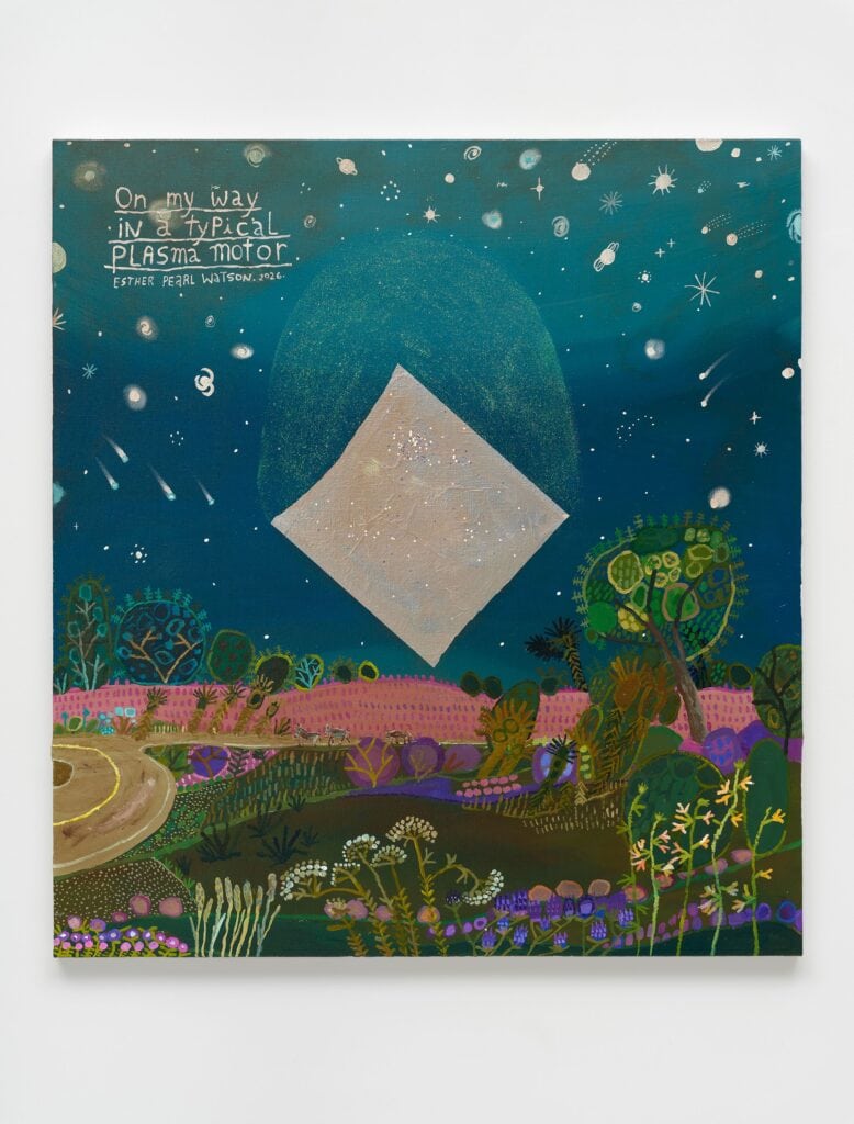 This image depicts an artwork by Esther Pearl Watson titled "On My Way in a Typical Plasma Motor." This artwork was created in 2026 and measures 48" x 44" x 1 ¹⁄₂" [HxWxD] (121.92 x 111.76 x 3.81 cm). Its medium is Acrylic, glitter and foil on panel.