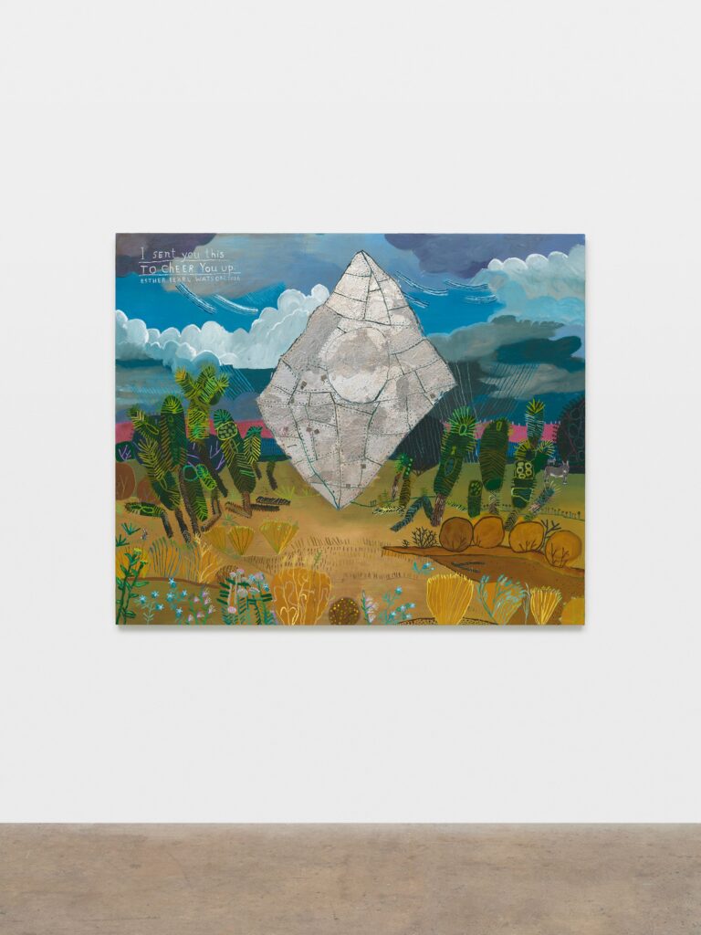 This image depicts an artwork by Esther Pearl Watson titled "I sent you this To Cheer You up." This artwork was created in 2026 and measures 60" x 72" x 1 ¹⁄₂" [HxWxD] (152.4 x 182.88 x 3.81 cm). Its medium is Acrylic and foil on panel.