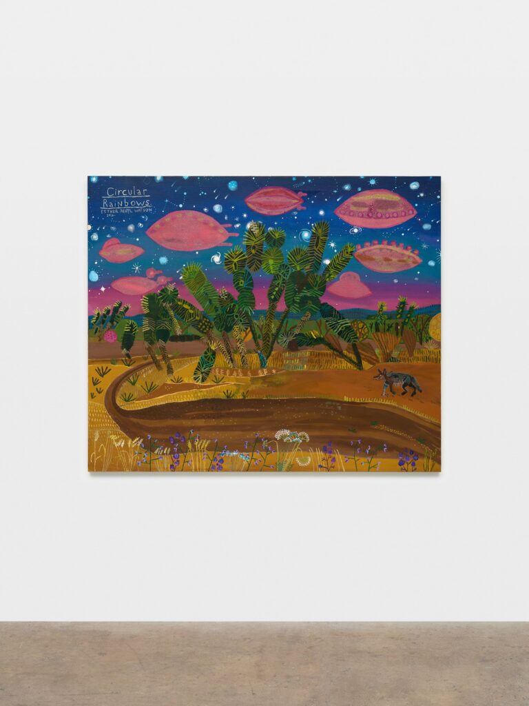 This image depicts an artwork by Esther Pearl Watson titled "Circular Rainbows." This artwork was created in 2026 and measures 60" x 72" x 1 ¹⁄₄" [HxWxD] (152.4 x 182.88 x 3.18 cm). Its medium is Acrylic and glitter on panel.