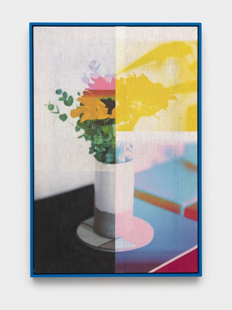 This image depicts an artwork by Evan Trine titled "sunshine sunshine." This artwork was created in 2026 and measures 24" x 16" [HxW] (60.96 x 40.64 cm) 24 ³⁄₄" x 16 ³⁄₄" x 1 ¹⁄₂" [HxWxD] (62.86 x 42.54 x 3.81 cm) framed. Its medium is Dye ink, and thread on linen.