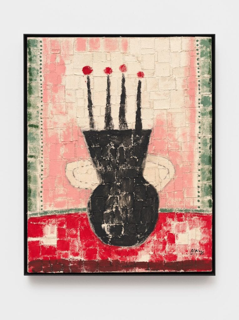 This image depicts an artwork by Roberto Diago titled "Untitled." This artwork was created in 2025 and measures 18 ⁵⁄₈" x 14 ⁵⁄₈" x 2 ¹⁄₄" [HxWxD] (47.32 x 37.16 x 5.71 cm) framed. Its medium is Mixed media on canvas.