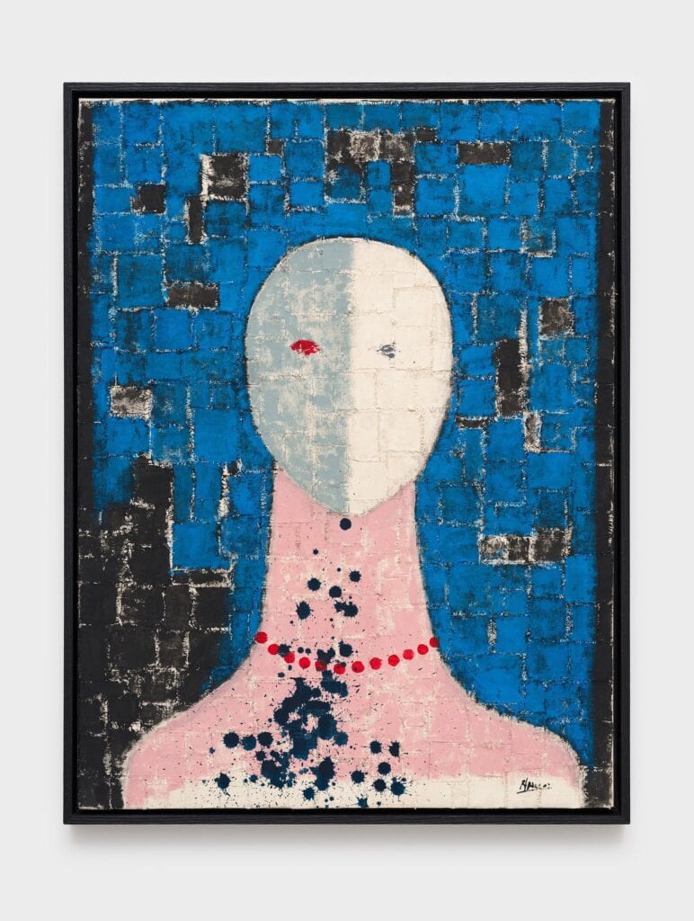 This image depicts an artwork by Roberto Diago titled "Untitled." This artwork was created in 2025 and measures 32 ³⁄₄" x 25 ⁷⁄₈" x 2" [HxWxD] (83.18 x 65.73 x 5.08 cm) framed. Its medium is Mixed media on canvas.