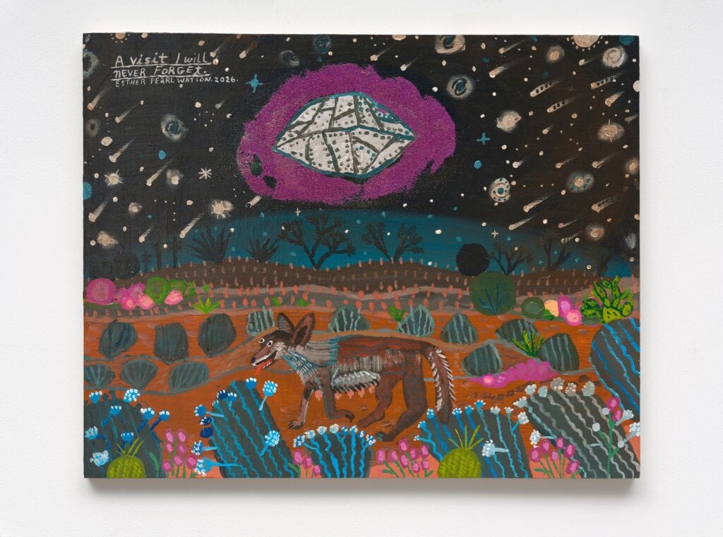 This image illustrates a link to the exhibition titled Esther Pearl Watson in The New York Times