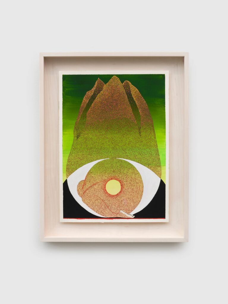 This image depicts an artwork by Brittney Leeanne Williams titled "Eye Ascends the Mountain 1." This artwork was created in 2026 and measures 10 ¹⁄₂" x 7 ¹⁄₂" [HxW] (26.67 x 19.05 cm) 13 ¹⁄₈" x 10 ¹⁄₄" x 1 ³⁄₄" [HxWxD] (33.33 x 26.03 x 4.44 cm) framed. Its medium is Gouache, acrylic, watercolor on paper.