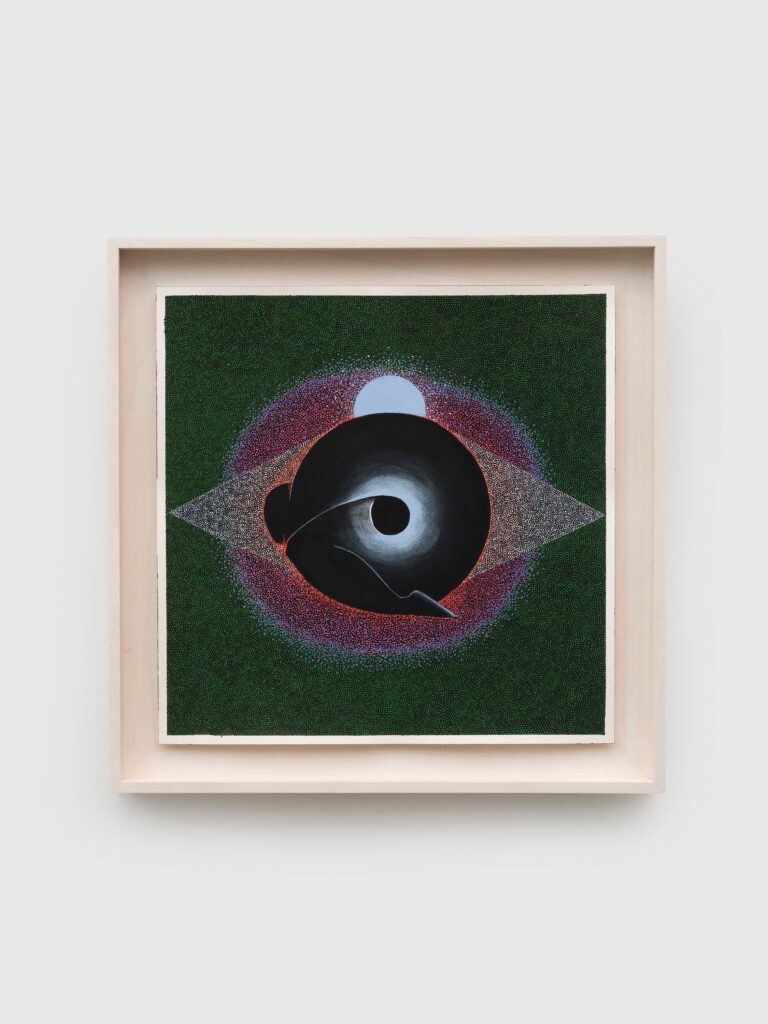 This image depicts an artwork by Brittney Leeanne Williams titled "Eye on the Moon." This artwork was created in 2026 and measures 12" x 12" [HxW] (30.48 x 30.48 cm) 14 ³⁄₄" x 14 ³⁄₄" x 1 ³⁄₄" [HxWxD] (37.46 x 37.46 x 4.44 cm) framed. Its medium is Gouache, acrylic, watercolor on paper.