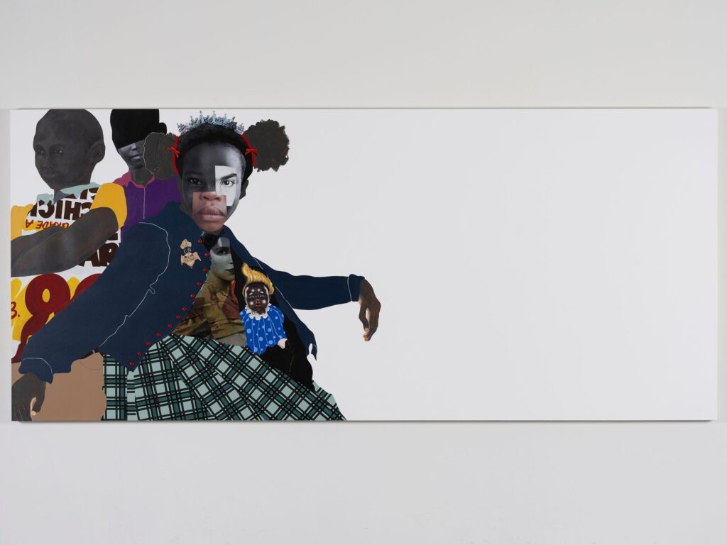 This image depicts an artwork by Deborah Roberts titled "Have a seat, this may take a while." This artwork was created in 2025 and measures 55" x 125" [HxW] (139.69 x 317.5 cm). Its medium is Mixed media and collage on canvas.