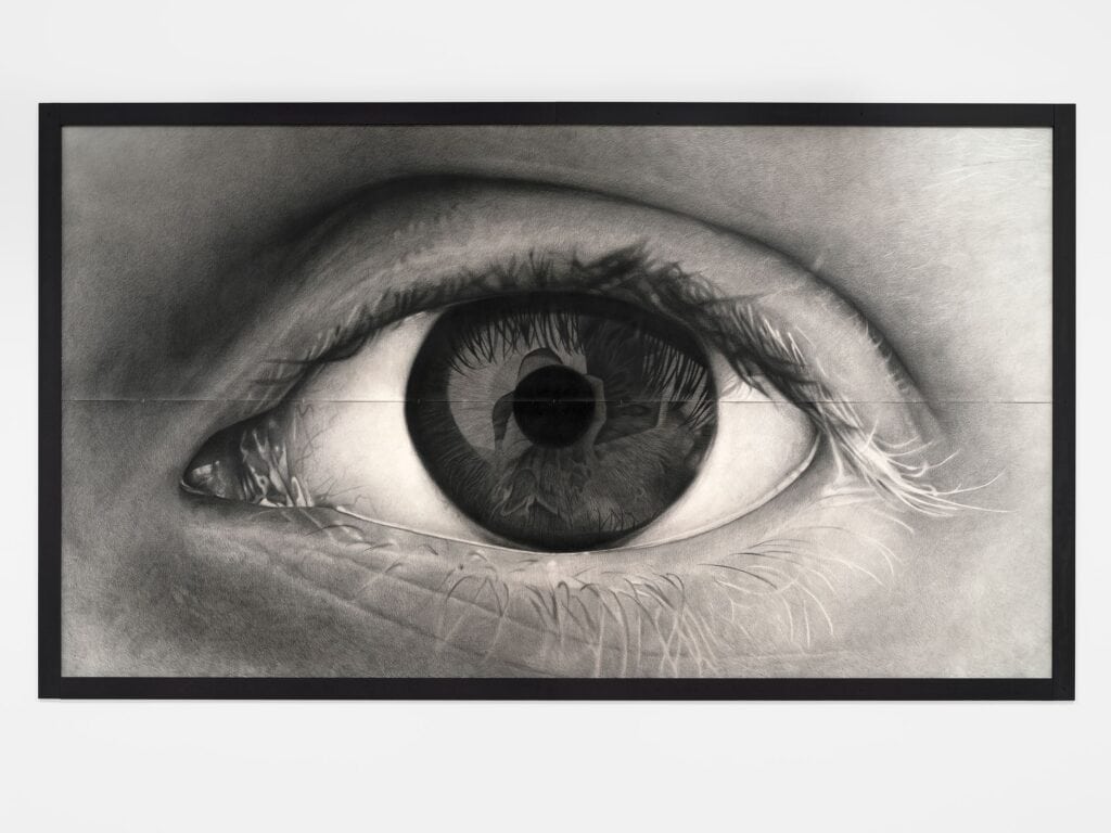 This image depicts an artwork by Karl Haendel titled "Hazel's Eye." This artwork was created in 2026 and measures 89 ¹⁄₂" x 13' 4" [HxW] (227.33 x 406.4 cm) unframed. Its medium is Pencil on paper.