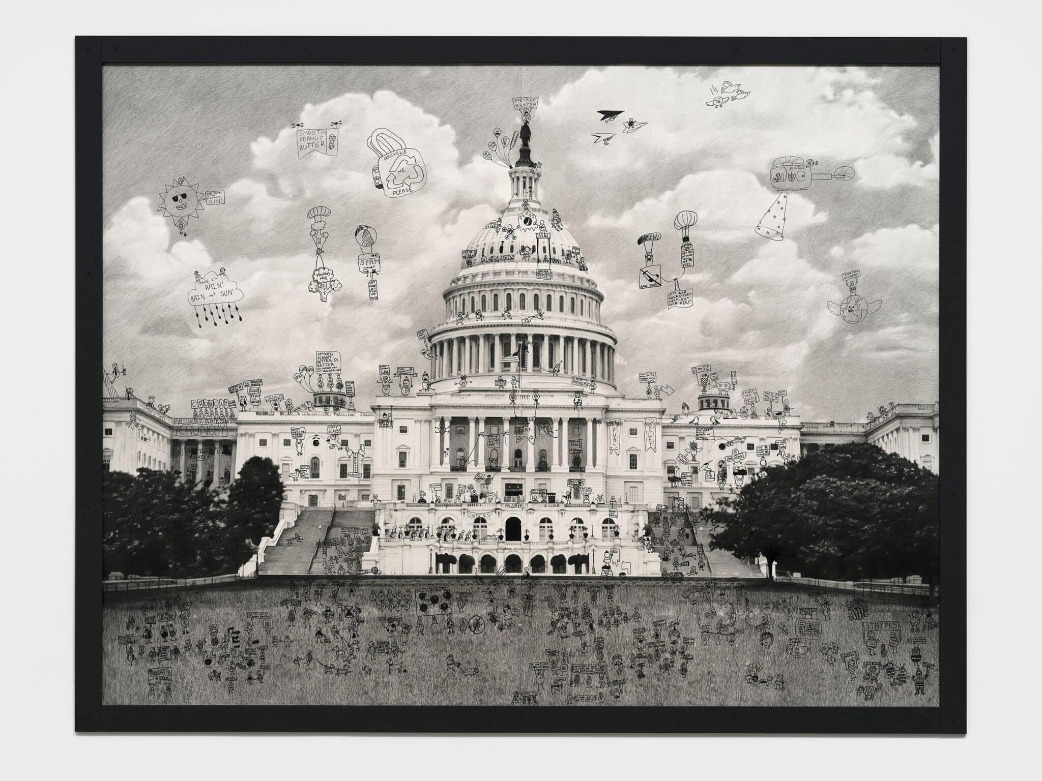 This image depicts an artwork by Karl Haendel titled "Capitol." This artwork was created in 2025 and measures 68 ³⁄₄" x 89 ¹⁄₄" [HxW] (174.62 x 226.69 cm) unframed. Its medium is Pencil and ink on paper.