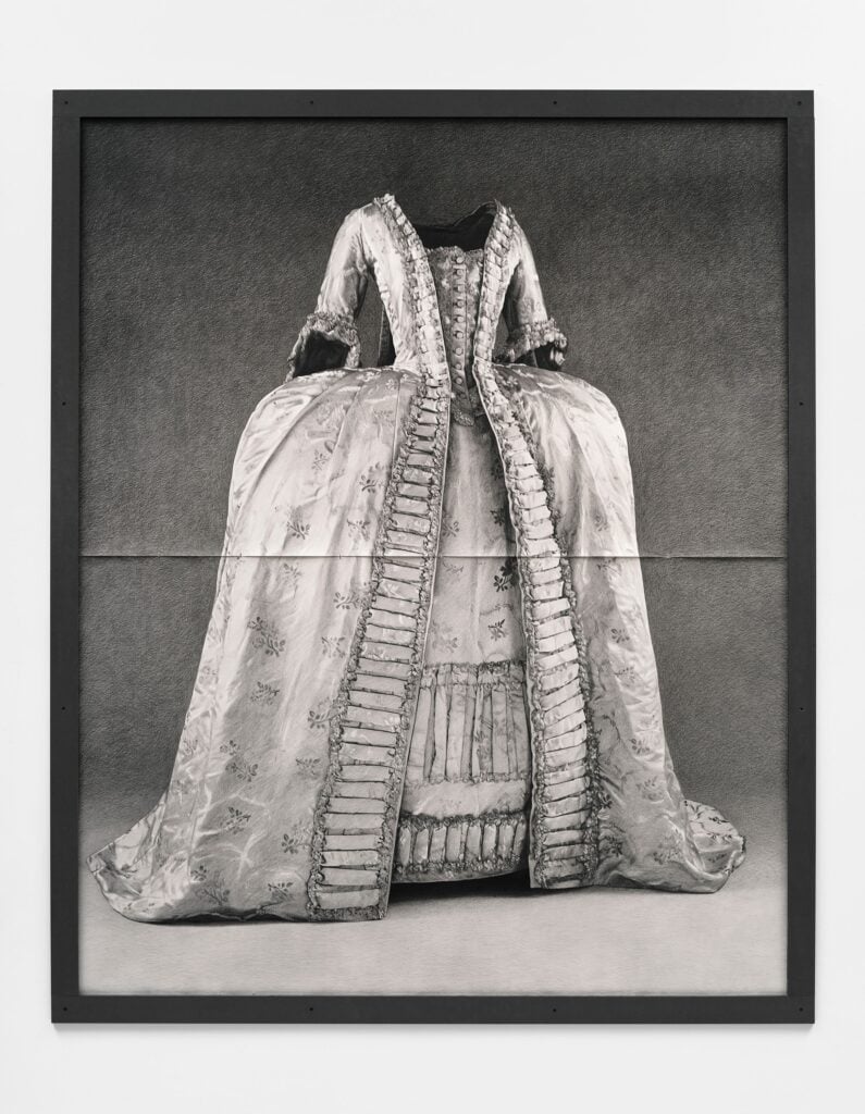 This image depicts an artwork by Karl Haendel titled "Court Dress." This artwork was created in 2025 and measures 90" x 72" [HxW] (228.6 x 182.88 cm) unframed. Its medium is Pencil on paper.