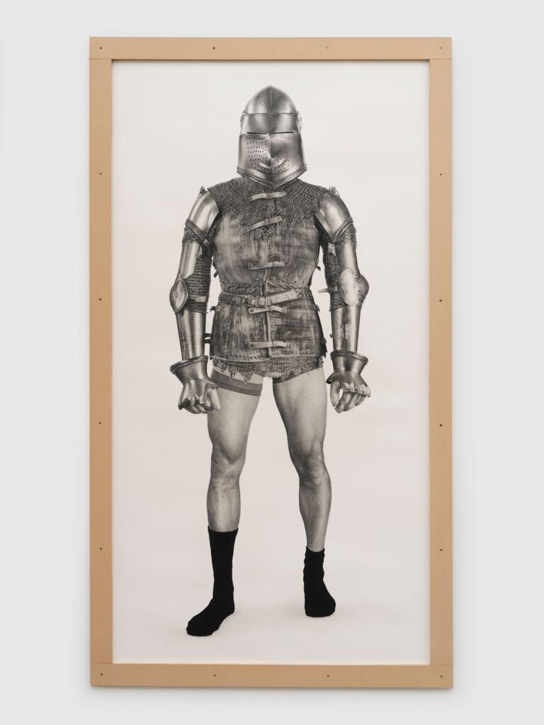 This image depicts an artwork by Karl Haendel titled "Self-Portrait as Knight 3." This artwork was created in 2026 and measures 97" x 51 ¹⁄₂" [HxW] (246.38 x 130.81 cm). Its medium is Pencil on paper.